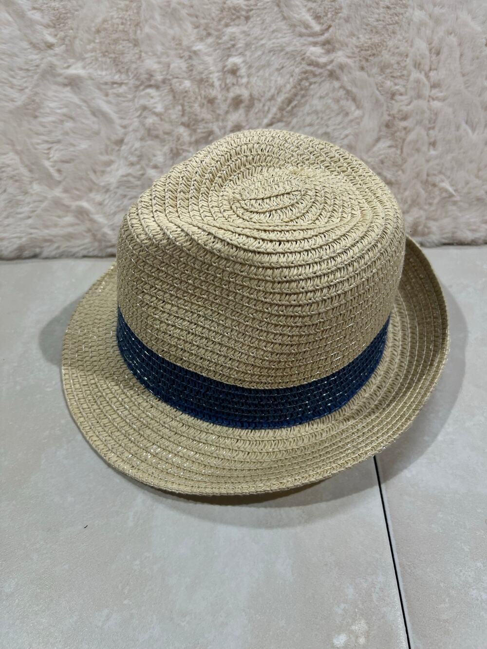 Toddler Boys Straw Fedora Hat Tan Blue Band Size 2T Summer Beach EUC